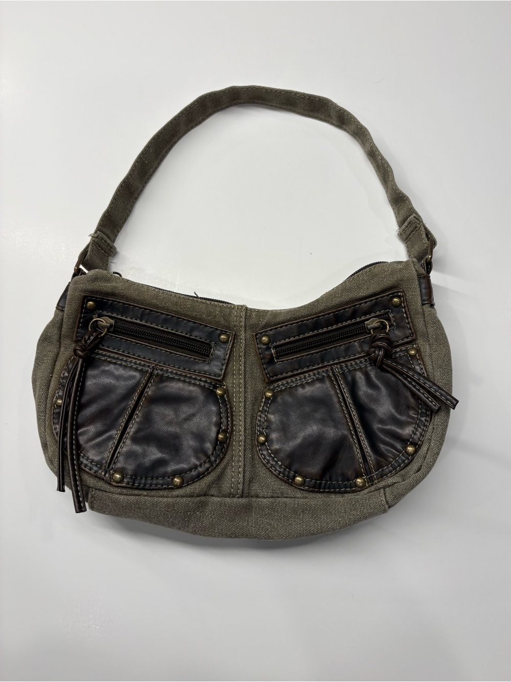 Limited Too Y2K Brown Canvas and Leather Shoulder Bag with Studs